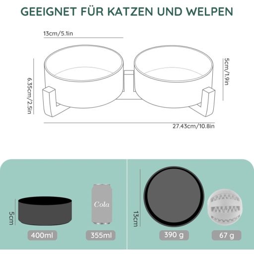 SPUNKYJUNKY Bol Dublu Ceramic pentru Hrănă cu Suport din Bambus - 400ml, Pisici și Cățeluși - Castron pentru Hrănire Sigur, Non-Toxic (Negru)