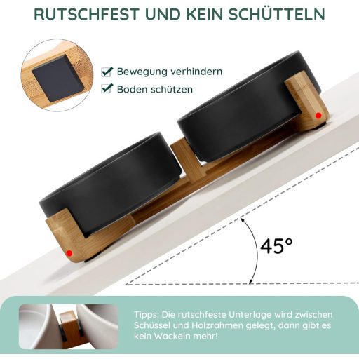 SPUNKYJUNKY Bol Dublu Ceramic pentru Hrănă cu Suport din Bambus - 400ml, Pisici și Cățeluși - Castron pentru Hrănire Sigur, Non-Toxic (Negru)