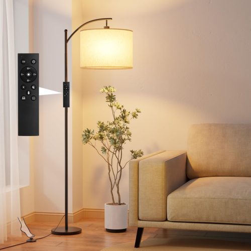 GLUROO Lampadar Modern cu Telecomandă - Lampă Arcuită Neagră din Metal cu 3 Temperaturi de Culoare, Reglare Continuă a Intensității Luminoase și Comutator de Picior