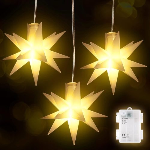 SALCAR 3D LED Karácsonyi Csillag Szett - 3 db Vízálló Beltéri/Kültéri Dekoráció, Elemes Meleg Fehér Világítás, Ablakdísz