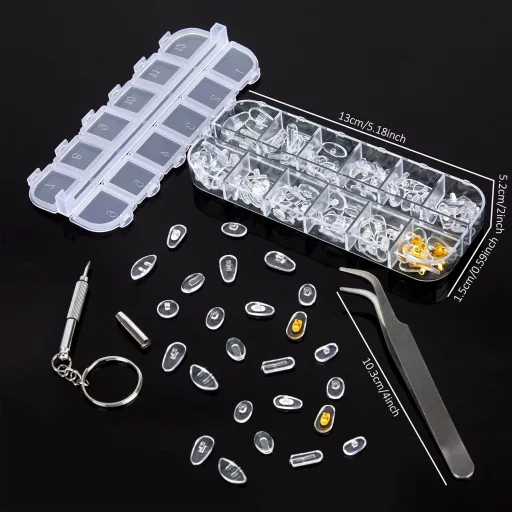 Set de reparat ochelari XIN-YUE - 60 Perechi plăcuțe nazale în 12 stiluri, 80 Șuruburi, Șurubelniță și Pensetă - Pentru ochelari de citit și rame