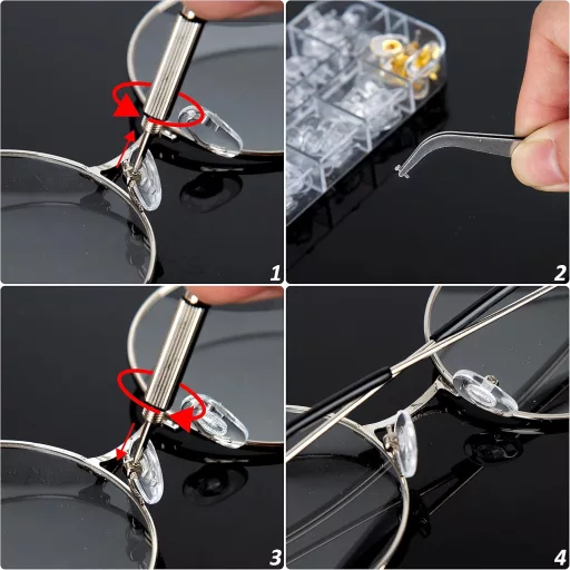 Set de reparat ochelari XIN-YUE - 60 Perechi plăcuțe nazale în 12 stiluri, 80 Șuruburi, Șurubelniță și Pensetă - Pentru ochelari de citit și rame