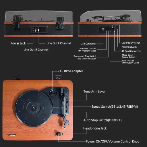 VOSTERIO Bluetooth Lemezjátszó HiFi Hangszóróval, Vintage Bakelit Lejátszó MP3/FM/USB/TF