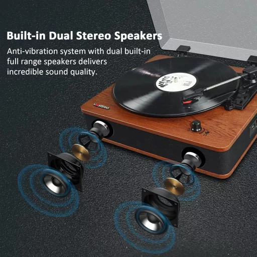 VOSTERIO Bluetooth Lemezjátszó HiFi Hangszóróval, Vintage Bakelit Lejátszó MP3/FM/USB/TF