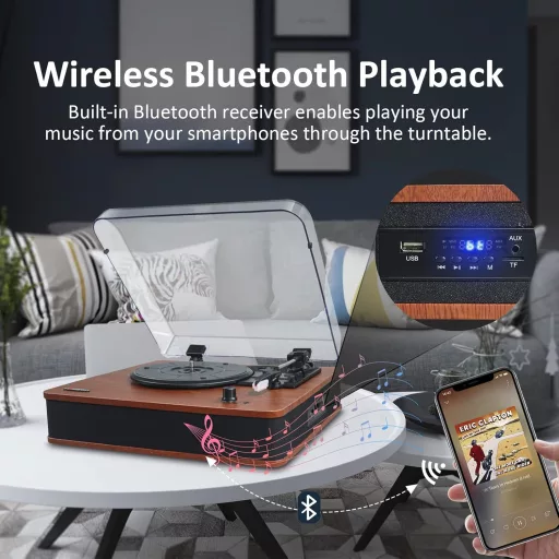 VOSTERIO Bluetooth Lemezjátszó HiFi Hangszóróval, Vintage Bakelit Lejátszó MP3/FM/USB/TF