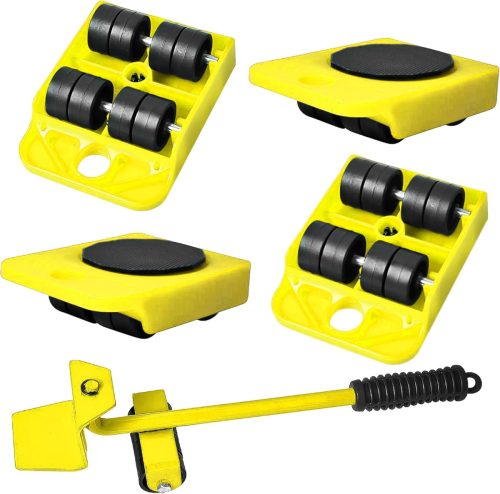 Set Mutare Mobilier 5 Piese - 4 Role + 1 Ridicător, Capacitate 150 kg, Pentru Mutări, Deplasarea Mobilei și a Electrocasnicelor, Galben