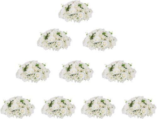 NUPTIO Buchete Sferice de Flori de Mătase - 10 buc. 40 cm Diametru, Decorațiuni Florale Artificiale Albe, Trandafiri, Ornamente de Masă - Compoziție Florală Decorativă pentru Nuntă