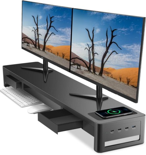 Suport dublu pentru monitor Meatanty 3 în 1 cu 2 sertare, încărcător wireless și 4 porturi USB - Suport metalic pentru computer pentru transfer de date