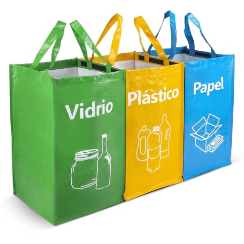 Set 3 saci de gunoi reciclabili Opret 30L - Coș de gunoi selectiv colorat de mare capacitate, cu mâner, pentru hârtie, sticlă, plastic.