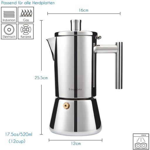 Cafetieră Moka Diego Olasz pentru aragaz, inox, 10-12 cești, 520 ml, compatibilă cu plitele cu inducție, argintiu