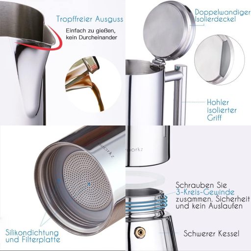 Cafetieră Moka Diego Olasz pentru aragaz, inox, 10-12 cești, 520 ml, compatibilă cu plitele cu inducție, argintiu