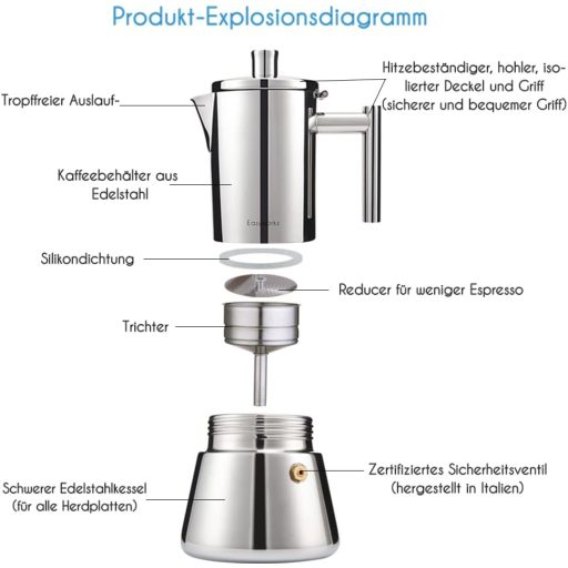 Diego Olasz Kotyogós Kávéfőző Tűzhelyre, Rozsdamentes Acél, 10-12 Csészés, 520 ml, Indukciós Főzőlappal Kompatibilis, Ezüst