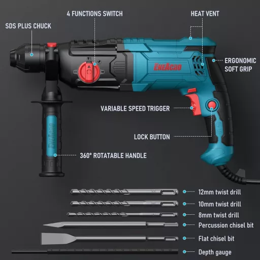 Vŕtacie kladivo ENEACRO SDS-Plus 26 mm do betónu, 6 rýchlostí, 4 funkcie, bezpečnostná spojka