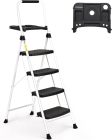 HBTower 4 Lépcsős Összecsukható Létra, Széles Csúszásgátló Pedálokkal, Stabil Fogantyúval, Könnyű 7,5kg Hordozható Acél Fellépő, Fehér, 229k