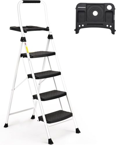 HBTower 4 Lépcsős Összecsukható Létra, Széles Csúszásgátló Pedálokkal, Stabil Fogantyúval, Könnyű 7,5kg Hordozható Acél Fellépő, Fehér, 229k