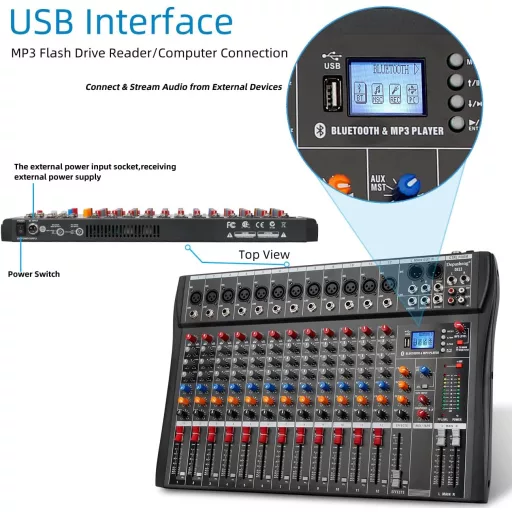 Depusheng DX12 12 csatornás DJ hangkeverő mixer XLR mikrofonnal USB-hez