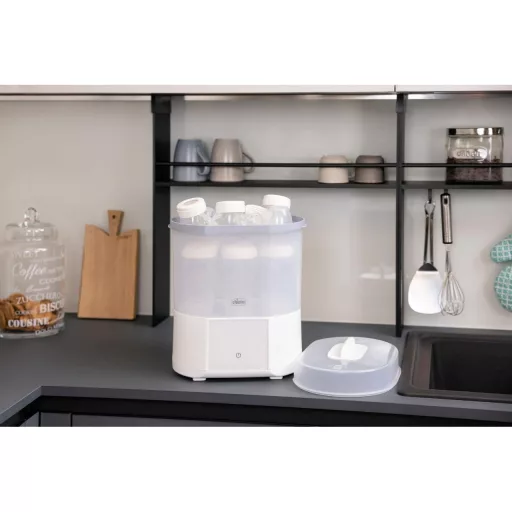 Sterilizator modular pentru biberoane Chicco cu funcție de uscare - Utilizabil în cuptorul cu microunde, pentru 6 biberoane de 330 ml, dezinfectează suzete și inele de dentiție