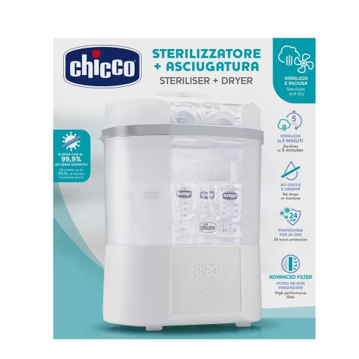 Sterilizator modular pentru biberoane Chicco cu funcție de uscare - Utilizabil în cuptorul cu microunde, pentru 6 biberoane de 330 ml, dezinfectează suzete și inele de dentiție