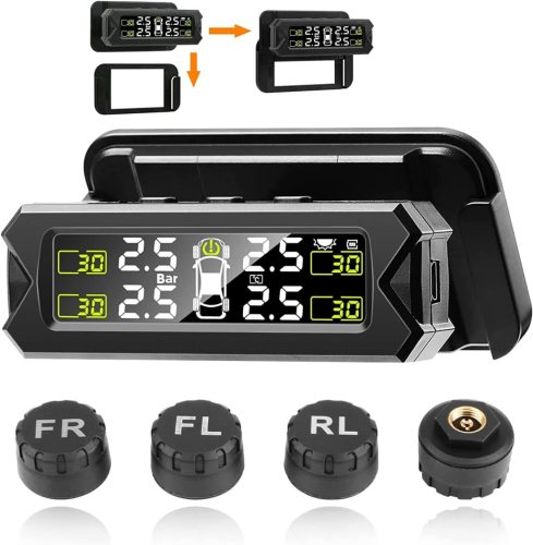 Jansite TPMS Vezeték Nélküli Gumiabroncs Nyomásmérő Rendszer 14-87 PSI, Állítható Szögű Kijelzővel, 4 Külső Szenzorral, Napelem/USB Töltésse