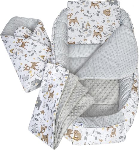 Medi Partners 5 Részes Babafészek Szett 100x60x15 cm - Kivehető Betét, Mászótakaró, Újszülött Baba Fészek 100% Pamut, Szarvas Mintás Szürke 