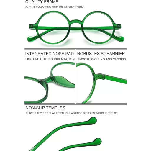 VEVESMUNDO Retro Zöld Kerek Kékfény Szűrős Olvasószemüveg +4.0