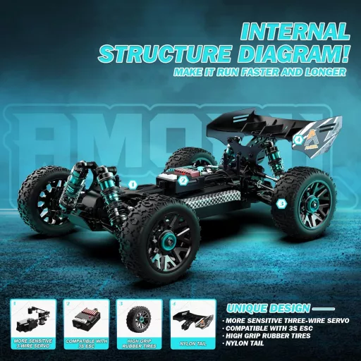 AMORIL 1:14 Távirányítós Autó Felnőtteknek, 70+ km/h Sebességű RC Versenyautó, 4x4 Monster Truck Buggy Olajlengéscsillapítóval, Kék