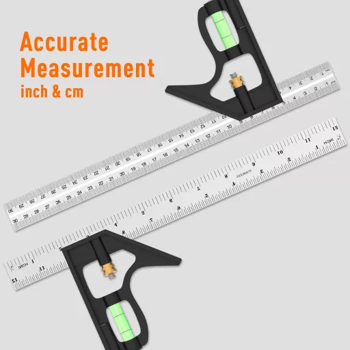 Echer gradat din oțel inoxidabil AivaToba 300mm cu nivelă pentru tâmplărie, 45/90 grade