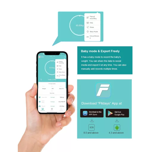 Healthkeep digitális testösszetétel-elemző mérleg, okos skála iOS/Android alkalmazással, 180 kg-ig