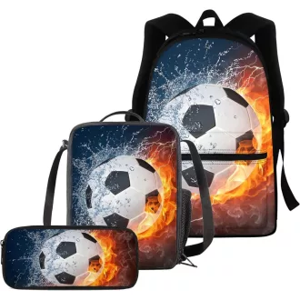   chaqlin Školský Set pre Chlapcov a Dievčatá - 3-dielny Ruksak Termoska Obedový Box Peračník s Futbalovou Loptou
