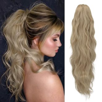   FESHFEN Vlnitý konský chvost s klipom - 50 cm popolavá blond syntetická príčesková drdolová gumička pre ženy