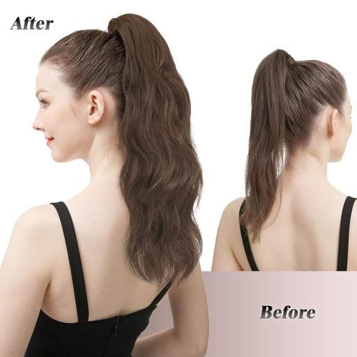 FESHFEN Vlnitý konský chvost s klipom - 50 cm popolavá blond syntetická príčesková drdolová gumička pre ženy