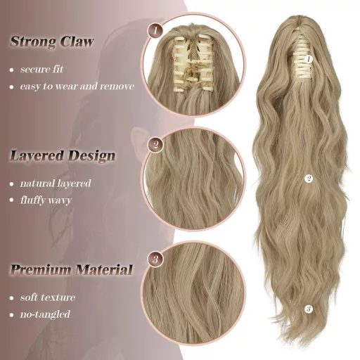FESHFEN Extensie de păr ondulată coadă de cal cu clips – 50 cm Blond Cenușiu Păr Sintetic Coc Accesoriu pentru Femei