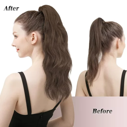 FESHFEN Extensie de păr ondulată coadă de cal cu clips – 50 cm Blond Cenușiu Păr Sintetic Coc Accesoriu pentru Femei