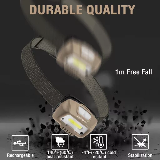 EverBrite LED fejlámpa 350 lumen khaki, USB töltős, mozgásérzékelő, 4 mód, vörös fény