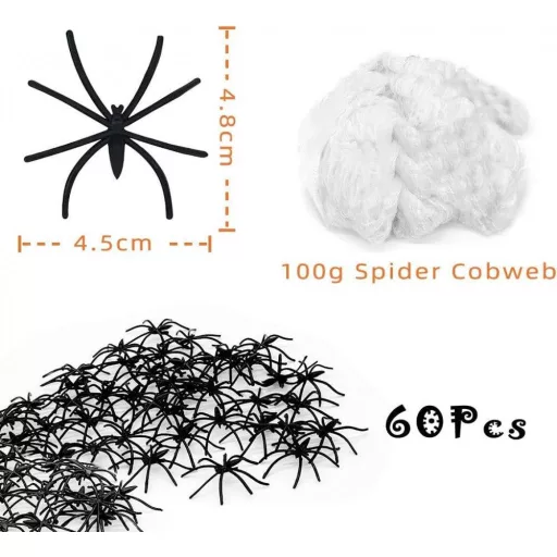 Halloween dekoráció pókháló 100 g , 60db Műpókkal, nyújtható halloween-pókháló ,(Szín: fekete-fehér) ( Méret :27 m"2 )