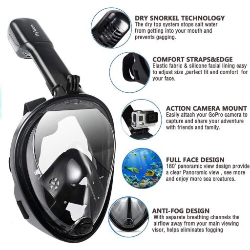 Flyboo Maska za ronjenje - 180° Panoramska maska za cijelo lice sa disalicom, Protiv zamagljivanja, za ronjenje, plivanje, Plava, Kompatibilna sa sportskim kamerama, XS veličina