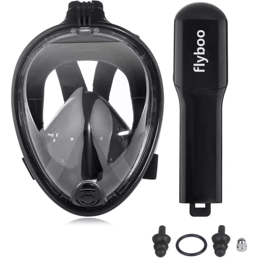 Mască de scufundări Flyboo - Vizor panoramic 180°, față completă, snorkel, anti-ceață, pentru scufundări, înot, albastru, compatibil cu cameră sport, mărimea XS