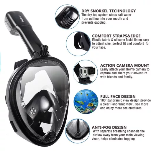 Mască de scufundări Flyboo - Vizor panoramic 180°, față completă, snorkel, anti-ceață, pentru scufundări, înot, albastru, compatibil cu cameră sport, mărimea XS