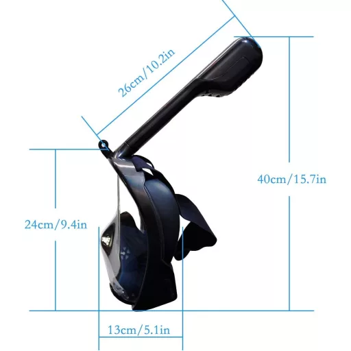 Mască de scufundări Flyboo - Vizor panoramic 180°, față completă, snorkel, anti-ceață, pentru scufundări, înot, albastru, compatibil cu cameră sport, mărimea XS