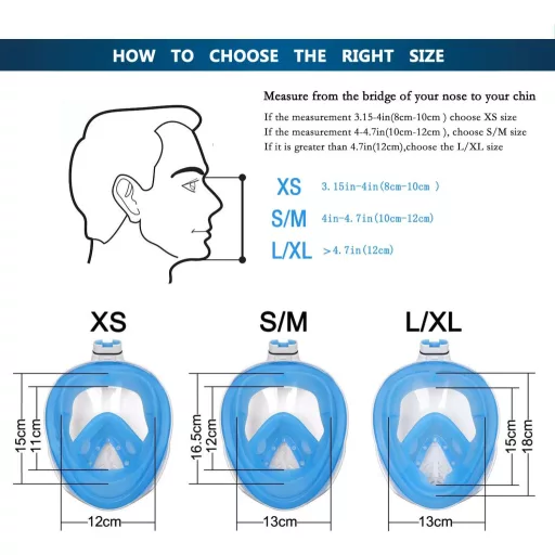 Mască de scufundări Flyboo - Vizor panoramic 180°, față completă, snorkel, anti-ceață, pentru scufundări, înot, albastru, compatibil cu cameră sport, mărimea XS