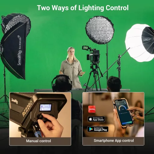 SMALLRIG RC 220D 220W COB Video Svetlo, 98700 Lux Svetelnosť, 9 Svetelných Efektov, CRI 95+ Bowens Mount, Ovládanie cez SmallGoGo Aplikáciu, Kompatibilné s V-Mount