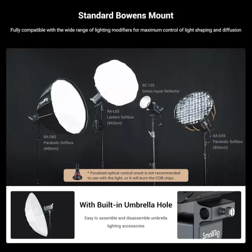 SMALLRIG RC 220D 220W Lampă Video COB, Luminozitate 98700 Lux, 9 Efecte de Lumină, CRI 95+ Montură Bowens, Control Aplicație SmallGoGo, Compatibilă V-Mount