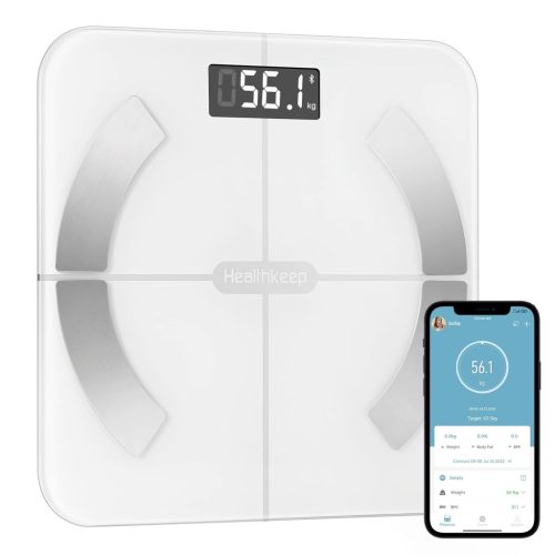 Healthkeep Bluetooth Fürdőszobai Mérleg - 13 Testérték Elemzés, BMI, Testzsír, Izomtömeg Mérés, Digitális Kijelző, 180kg Teherbírás, Fehér