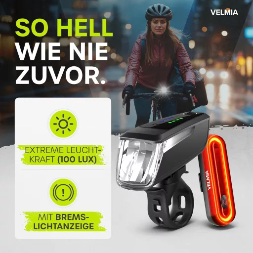 Sada LED svetiel na bicykel Velmia s USB nabíjaním, výdrž 8,5 hodiny, 3 režimy