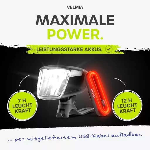 Sada LED svetiel na bicykel Velmia s USB nabíjaním, výdrž 8,5 hodiny, 3 režimy