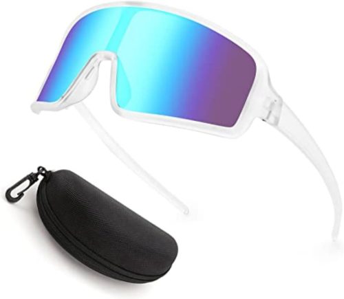Ochelari de soare sport Karsaer cu protecție UV400 - Lentile albastre oglindă, ramă albă, pentru bărbați și femei - Pentru ciclism, alergare, schi, sporturi MTB