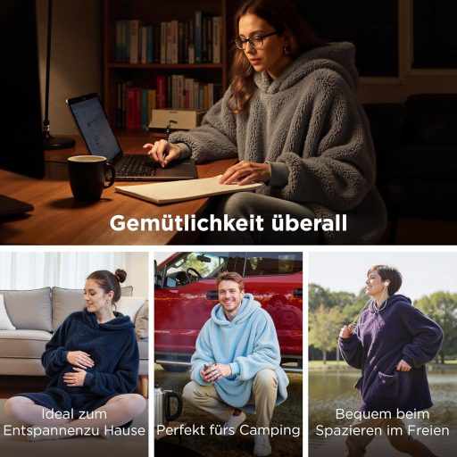 BEDSURE Pătură cu Glugă și Mâneci - Pătură Pulover Pluș Supradimensionată Unisex Gri 107x90cm