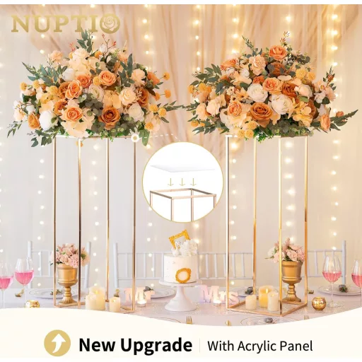 NUPTIO Suport Decorativ Auriu pentru Aranjamente Florale Nuntă, 80 cm - 2 bucăți, Vază Metalică cu Placă Acrilică, Coloană Decorativă pentru Evenimente, Petreceri și Premii Acasă