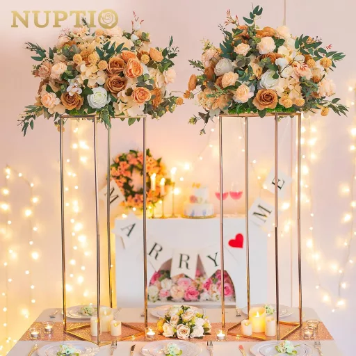 NUPTIO Suport Decorativ Auriu pentru Aranjamente Florale Nuntă, 80 cm - 2 bucăți, Vază Metalică cu Placă Acrilică, Coloană Decorativă pentru Evenimente, Petreceri și Premii Acasă