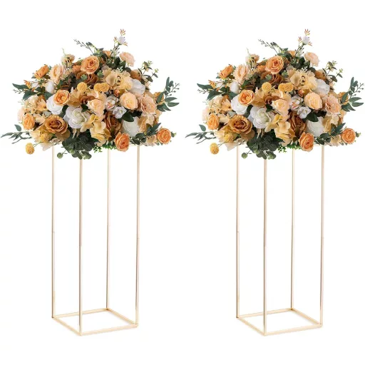 NUPTIO Suport Decorativ Auriu pentru Aranjamente Florale Nuntă, 80 cm - 2 bucăți, Vază Metalică cu Placă Acrilică, Coloană Decorativă pentru Evenimente, Petreceri și Premii Acasă